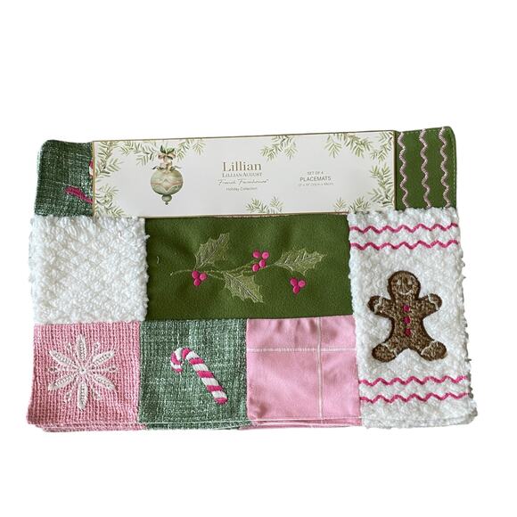 Lillian August Holiday Quilted Placemats 13x19 Set of 4 Gingerbread Candy Cane - Picture 12 of 15